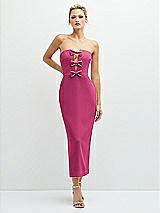 Front View Thumbnail - Tea Rose Rhinestone Bow Trimmed Peek-a-Boo Deep-V Midi Dress with Pencil Skirt