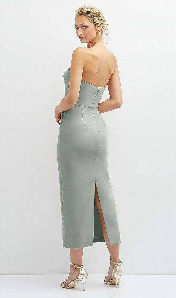 Back View - Willow Green Rhinestone Bow Trimmed Peek-a-Boo Deep-V Midi Dress with Pencil Skirt