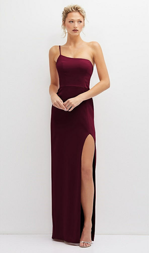 Front View - Cabernet Sleek One-Shoulder Crepe Column Dress with Cut-Away Slit