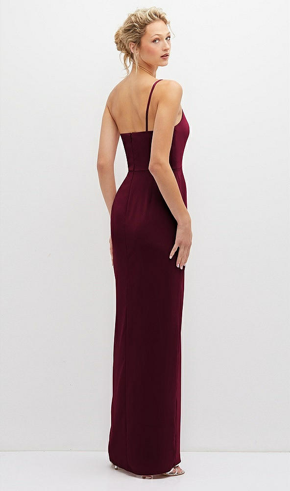 Back View - Cabernet Sleek One-Shoulder Crepe Column Dress with Cut-Away Slit