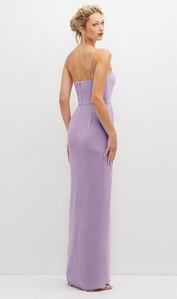 Back View - Pale Purple Sleek One-Shoulder Crepe Column Dress with Cut-Away Slit