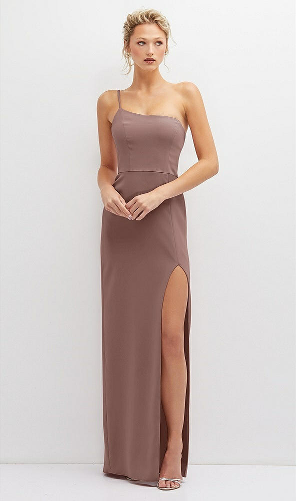 Front View - Sienna Sleek One-Shoulder Crepe Column Dress with Cut-Away Slit