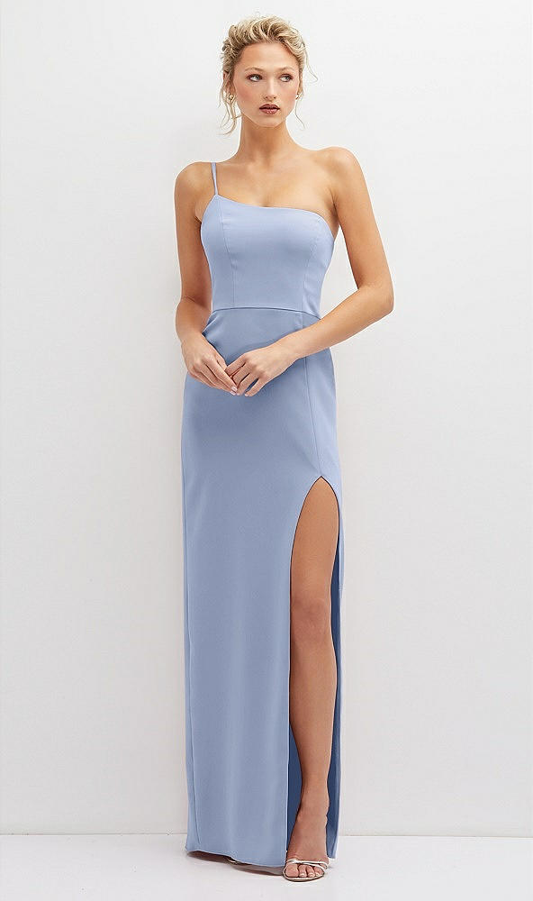 Front View - Sky Blue Sleek One-Shoulder Crepe Column Dress with Cut-Away Slit