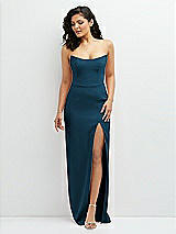 Front View Thumbnail - Atlantic Blue Sleek Strapless Crepe Column Dress with Cut-Away Slit