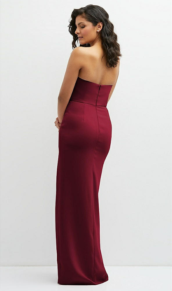 Back View - Burgundy Sleek Strapless Crepe Column Dress with Cut-Away Slit