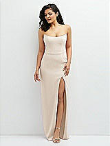 Front View Thumbnail - Oat Sleek Strapless Crepe Column Dress with Cut-Away Slit