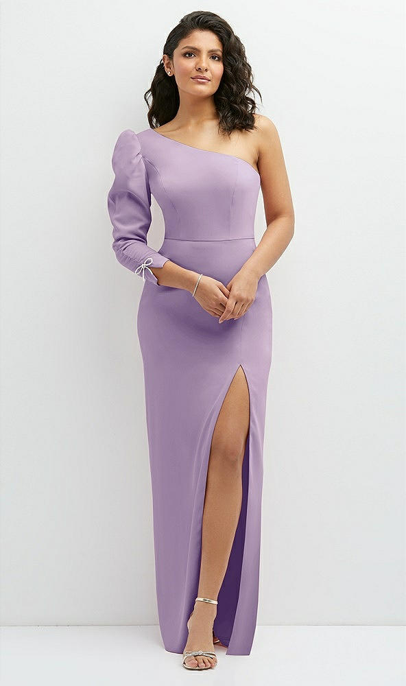 Front View - Pale Purple 3/4 Puff Sleeve One-shoulder Maxi Dress with Rhinestone Bow Detail