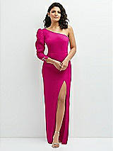 Front View Thumbnail - Think Pink 3/4 Puff Sleeve One-shoulder Maxi Dress with Rhinestone Bow Detail