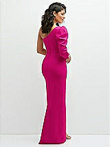 Rear View Thumbnail - Think Pink 3/4 Puff Sleeve One-shoulder Maxi Dress with Rhinestone Bow Detail