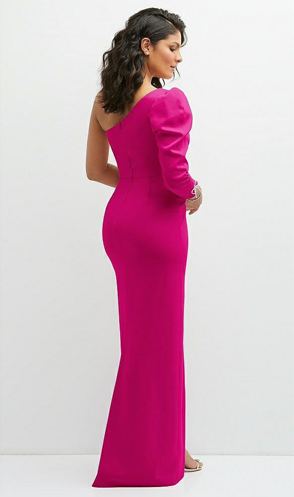 Back View - Think Pink 3/4 Puff Sleeve One-shoulder Maxi Dress with Rhinestone Bow Detail