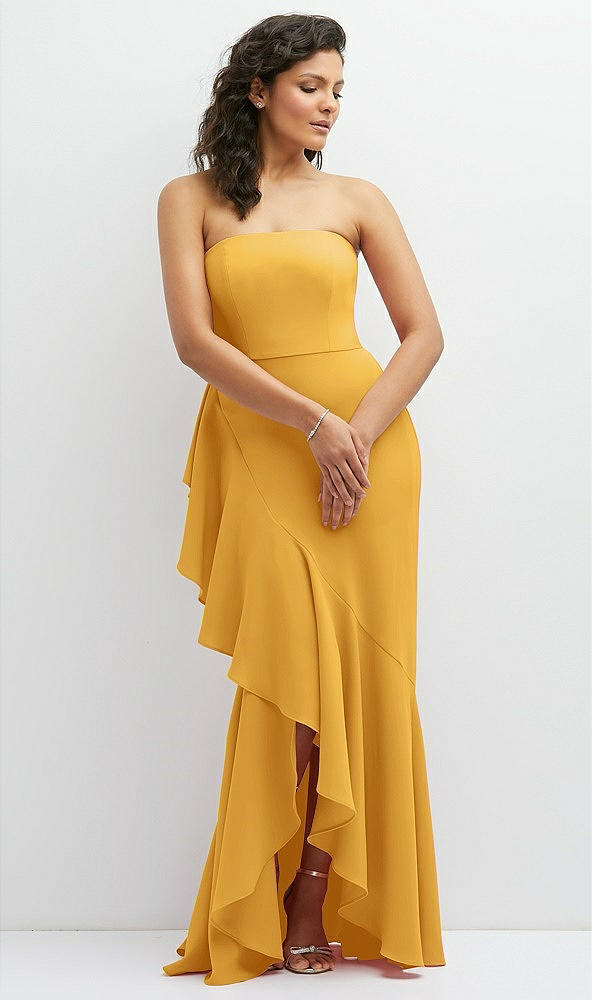 Front View - NYC Yellow Strapless Crepe Maxi Dress with Ruffle Edge Bias Wrap Skirt