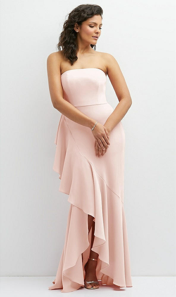 Front View - Blush Strapless Crepe Maxi Dress with Ruffle Edge Bias Wrap Skirt