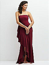 Front View Thumbnail - Burgundy Strapless Crepe Maxi Dress with Ruffle Edge Bias Wrap Skirt