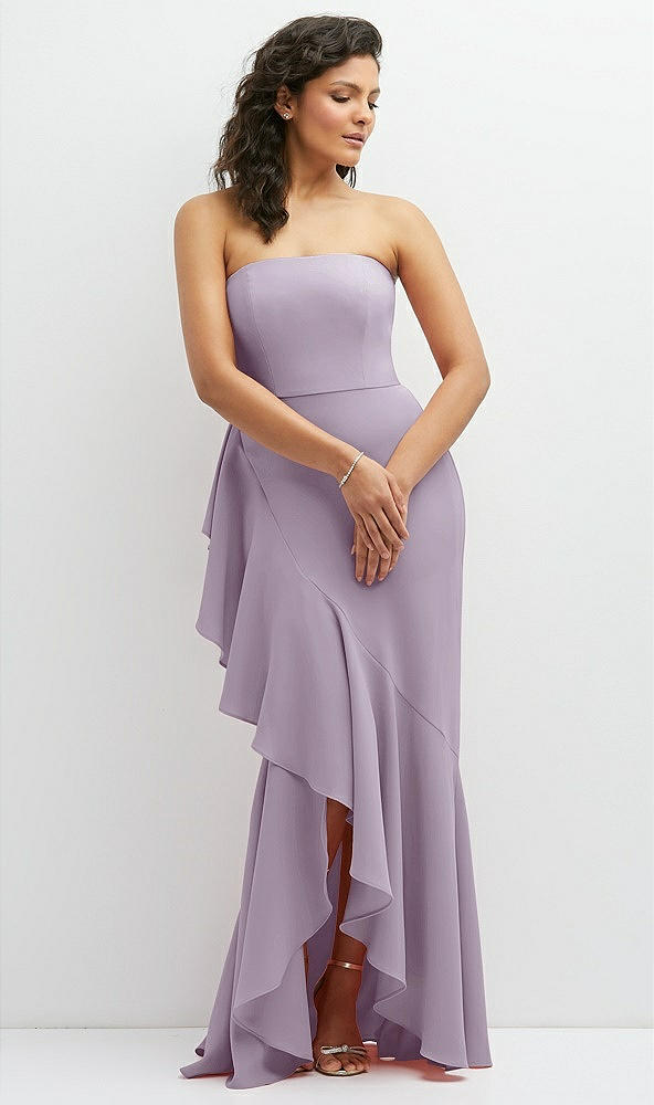 Front View - Lilac Haze Strapless Crepe Maxi Dress with Ruffle Edge Bias Wrap Skirt