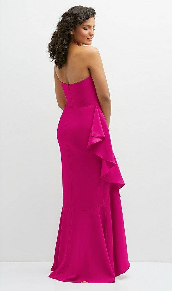 Back View - Think Pink Strapless Crepe Maxi Dress with Ruffle Edge Bias Wrap Skirt