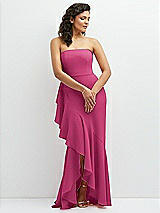 Front View Thumbnail - Tea Rose Strapless Crepe Maxi Dress with Ruffle Edge Bias Wrap Skirt