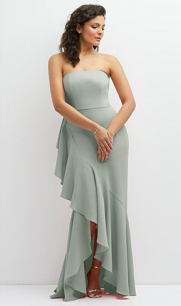 Front View - Willow Green Strapless Crepe Maxi Dress with Ruffle Edge Bias Wrap Skirt