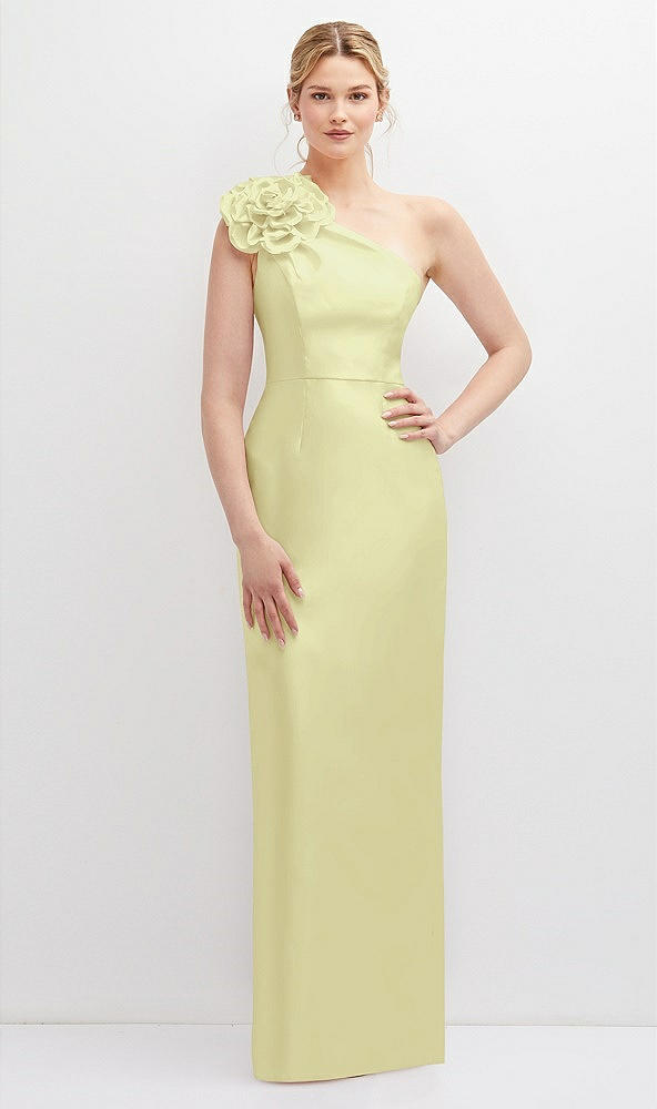 Front View - Butter Yellow Oversized Flower One-Shoulder Satin Column Dress