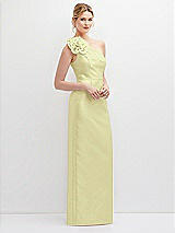 Side View Thumbnail - Butter Yellow Oversized Flower One-Shoulder Satin Column Dress