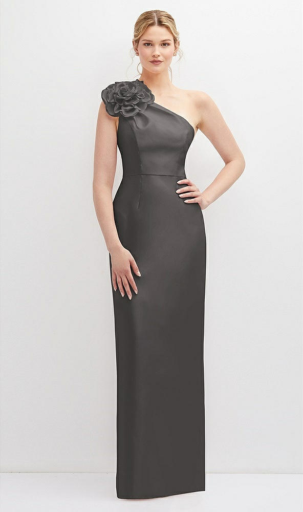 Front View - Caviar Gray Oversized Flower One-Shoulder Satin Column Dress