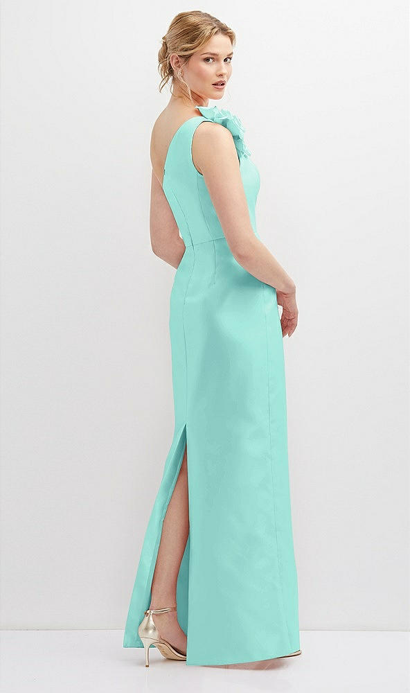 Back View - Coastal Oversized Flower One-Shoulder Satin Column Dress