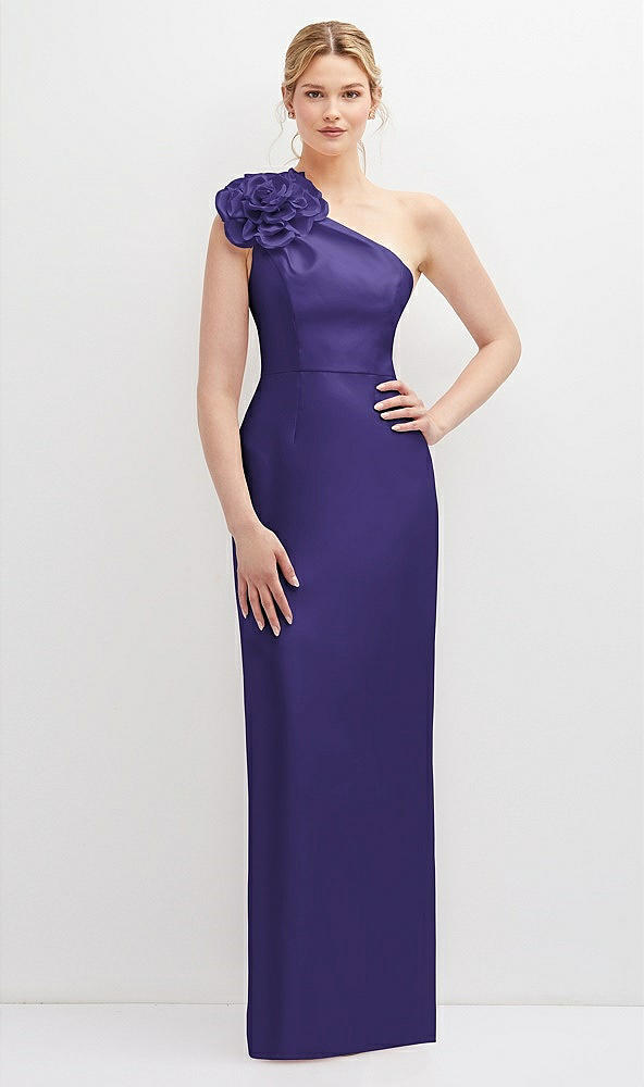 Front View - Grape Oversized Flower One-Shoulder Satin Column Dress