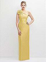 Front View Thumbnail - Maize Oversized Flower One-Shoulder Satin Column Dress