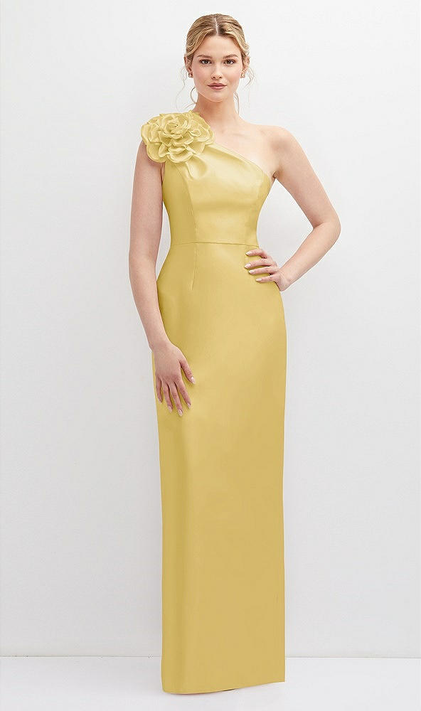 Front View - Maize Oversized Flower One-Shoulder Satin Column Dress