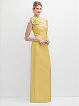 Side View Thumbnail - Maize Oversized Flower One-Shoulder Satin Column Dress