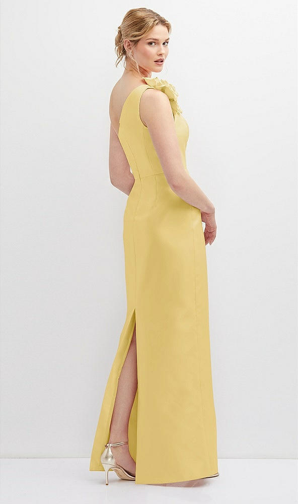 Back View - Maize Oversized Flower One-Shoulder Satin Column Dress