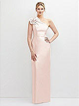 Front View Thumbnail - Blush Oversized Flower One-Shoulder Satin Column Dress