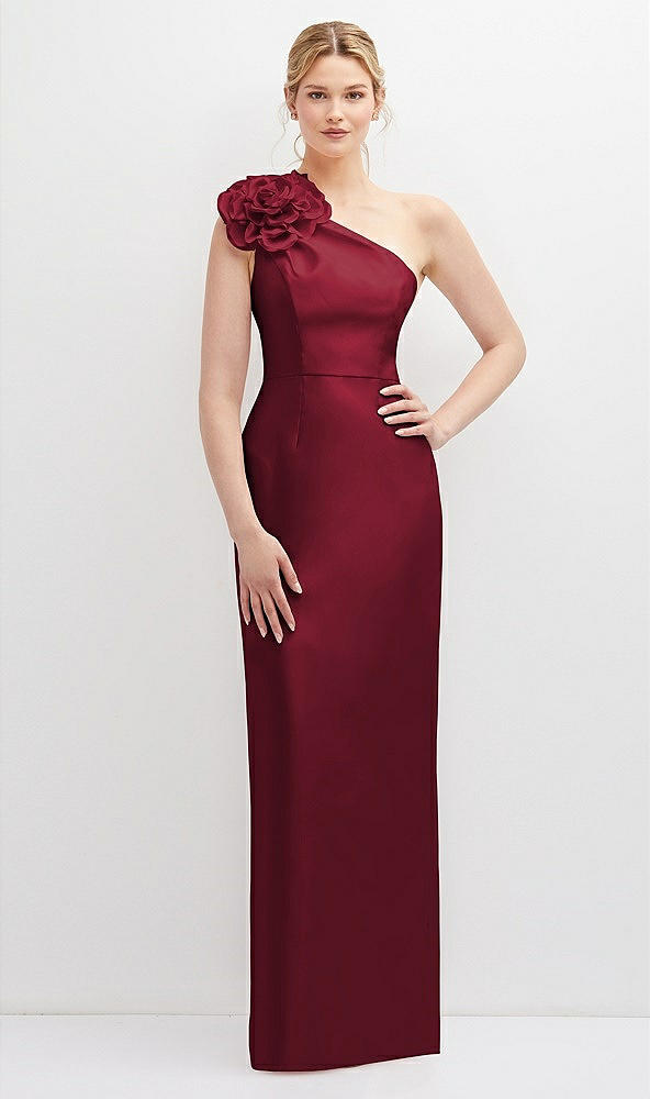 Front View - Burgundy Oversized Flower One-Shoulder Satin Column Dress