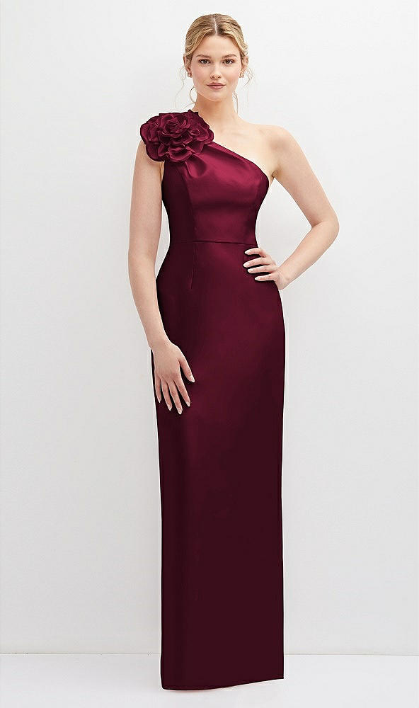 Front View - Cabernet Oversized Flower One-Shoulder Satin Column Dress