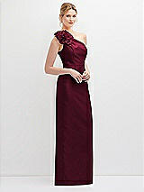 Side View Thumbnail - Cabernet Oversized Flower One-Shoulder Satin Column Dress