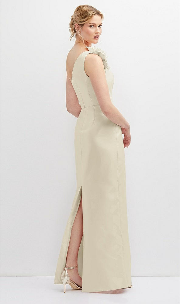 Back View - Champagne Oversized Flower One-Shoulder Satin Column Dress