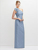 Side View Thumbnail - Cloudy Oversized Flower One-Shoulder Satin Column Dress