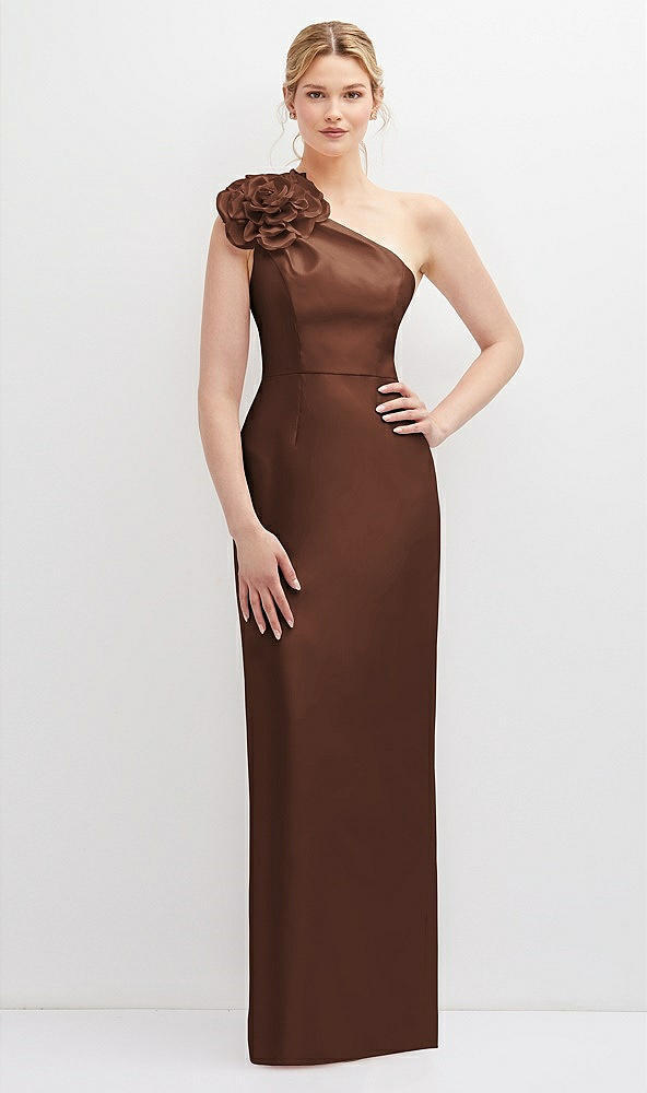 Front View - Cognac Oversized Flower One-Shoulder Satin Column Dress