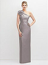 Front View Thumbnail - Cashmere Gray Oversized Flower One-Shoulder Satin Column Dress