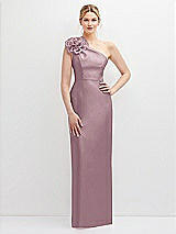 Front View Thumbnail - Dusty Rose Oversized Flower One-Shoulder Satin Column Dress