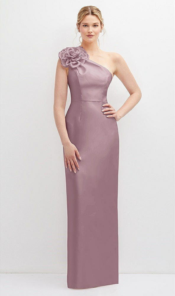 Front View - Dusty Rose Oversized Flower One-Shoulder Satin Column Dress