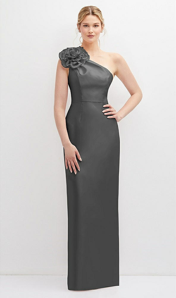 Front View - Gunmetal Oversized Flower One-Shoulder Satin Column Dress