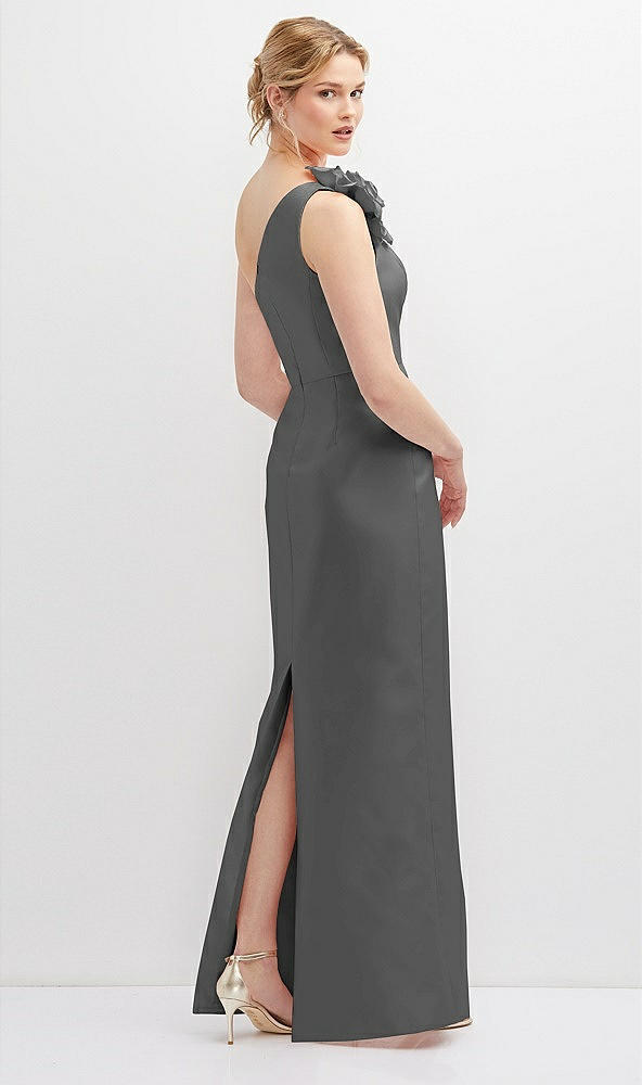 Back View - Gunmetal Oversized Flower One-Shoulder Satin Column Dress