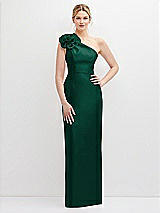 Front View Thumbnail - Hunter Green Oversized Flower One-Shoulder Satin Column Dress