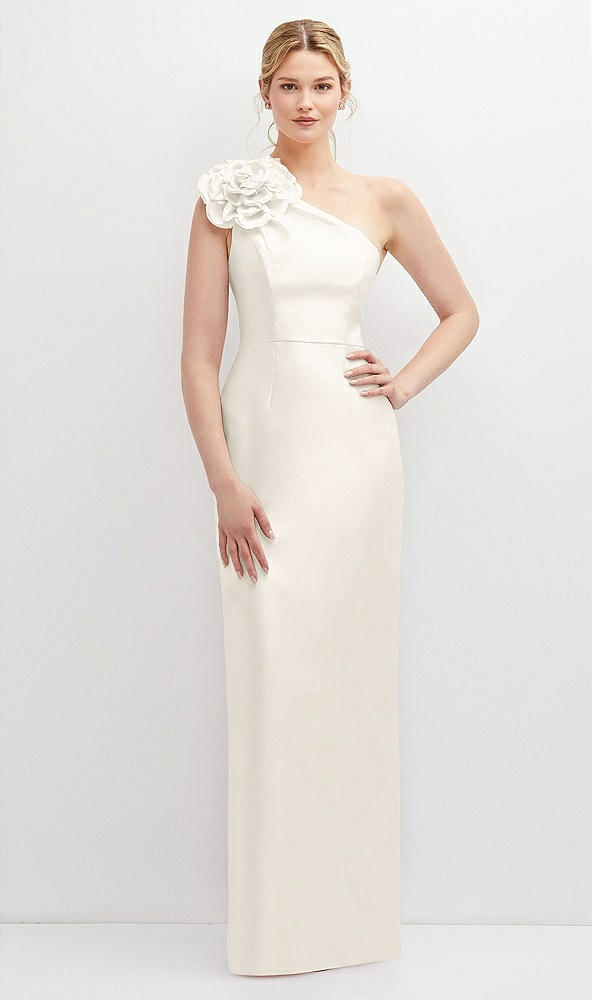 Front View - Ivory Oversized Flower One-Shoulder Satin Column Dress