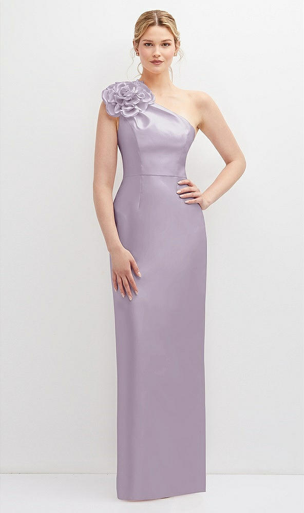 Front View - Lilac Haze Oversized Flower One-Shoulder Satin Column Dress