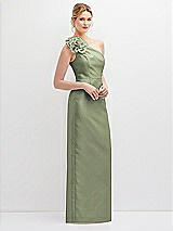 Side View Thumbnail - Sage Oversized Flower One-Shoulder Satin Column Dress