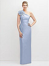 Front View Thumbnail - Sky Blue Oversized Flower One-Shoulder Satin Column Dress