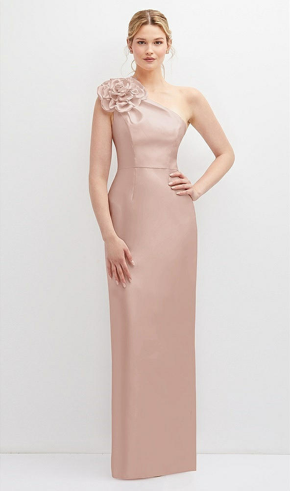 Front View - Toasted Sugar Oversized Flower One-Shoulder Satin Column Dress