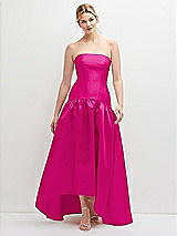 Front View Thumbnail - Think Pink Strapless Fitted Satin High Low Dress with Shirred Ballgown Skirt