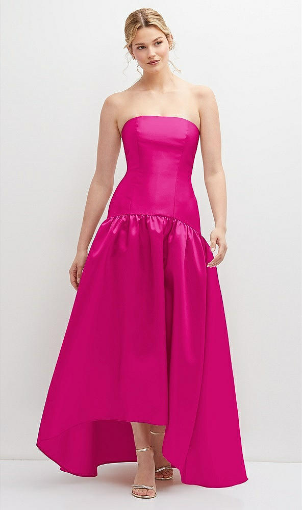 Front View - Think Pink Strapless Fitted Satin High Low Dress with Shirred Ballgown Skirt